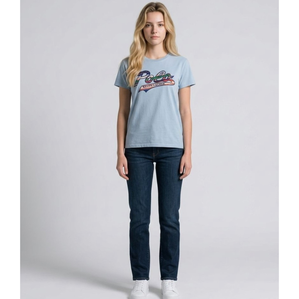 Ralph Lauren Polo Graphic Light Pastel Blue Multi-color Logo Short Sleeve Tee